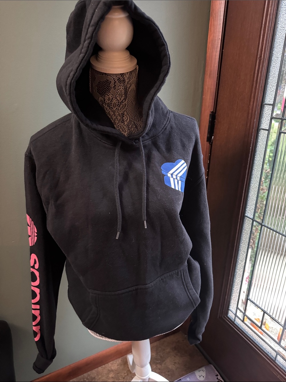adidas Black Hoodie with Pink Sleeve Logo and Blue Chest Graphic